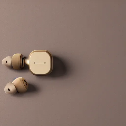 Image similar to a single beige truly wireless earbud with gold accents, beige case, studio, product photo