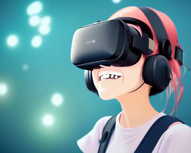 Image similar to anime fine details portrait of joyful girl in vr headset in school, bokeh. anime masterpiece by Studio Ghibli. 8k render, sharp high quality anime illustration in style of Ghibli, artstation