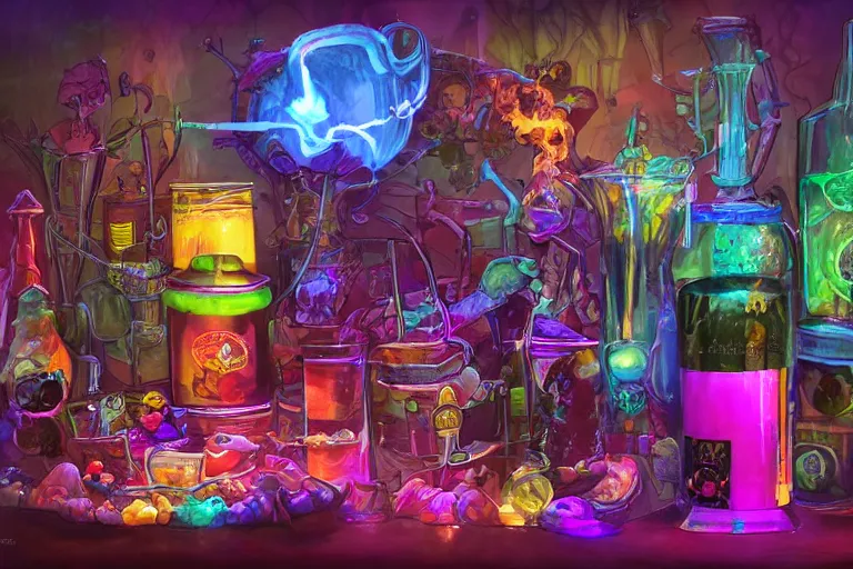 Image similar to a small rack filled with five colorful glowing concoctions, magical potions, fantasy artwork, featured on artstation