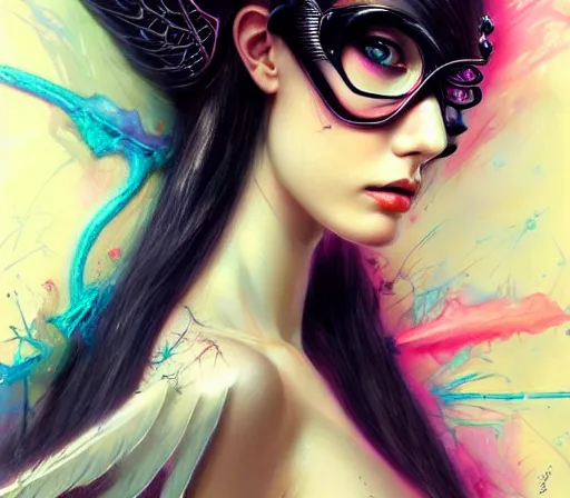 Image similar to a Angel Slayer portrait of Bayonetta , tall, pale-skinned, and long eyelashes by Stanely Artgerm,Tom Bagshaw,arthur adams,Carne Griffiths,trending on DeviantArt,street art,face enhance,chillwave,maximalist,full of color,glittering