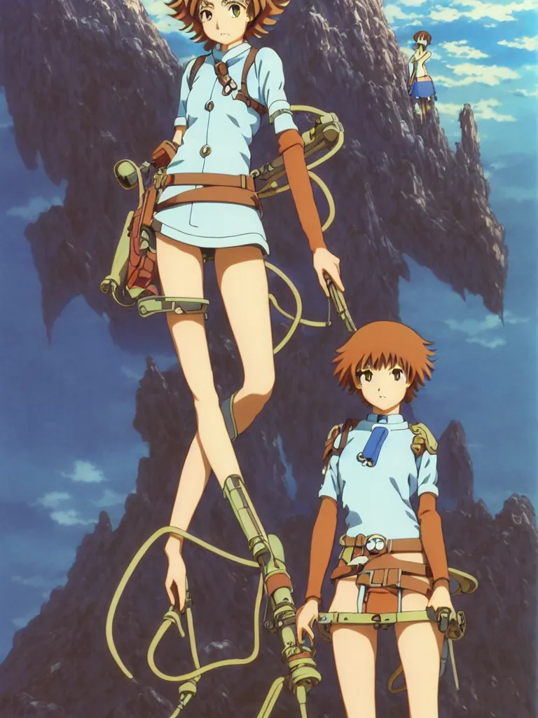 Image similar to anime art full body portrait character nausicaa by hayao miyazaki concept art, anime key visual of elegant young female, short brown hair and large eyes, finely detailed perfect face delicate features directed gaze, valley and mountains background, trending on pixiv fanbox, studio ghibli, extremely high quality artwork by kushart krenz cute sparkling eyes