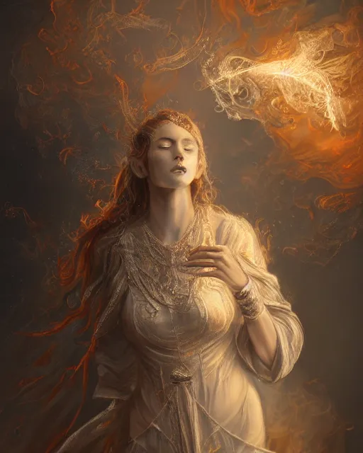 Image similar to a highly detailed portrait of beautiful pale female pyromancer radiating a majestic fiery aura, ornate silvered robes, wispy tendrils of smoke, intricate, digital painting, old english, raining, sepia, particles floating, whimsical background by marc simonetti, artwork by ramond swanland and liam wong