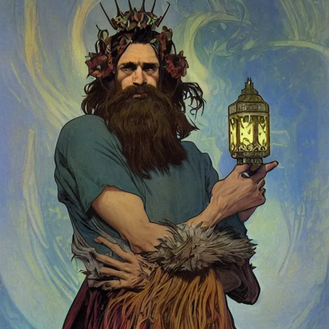 Image similar to an aesthetic! a detailed portrait of a man in a long beard, with a crown, holding a lantern by frank frazetta and alphonse mucha, oil on canvas, art nouveau dungeons and dragons fantasy art, hd, god rays, ray tracing, crisp contour lines, huhd