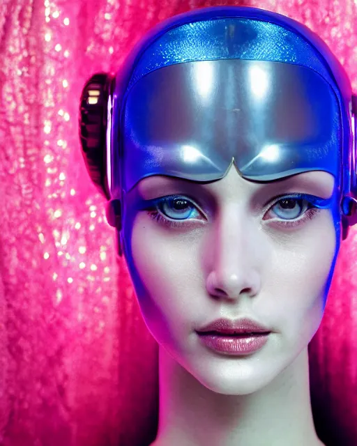 Image similar to natural light, soft focus portrait of a cyberpunk anthropomorphic female robot with soft synthetic pink skin, blue bioluminescent plastics, smooth shiny metal, elaborate ornate head piece, skin textures, by annie leibovitz, paul lehr