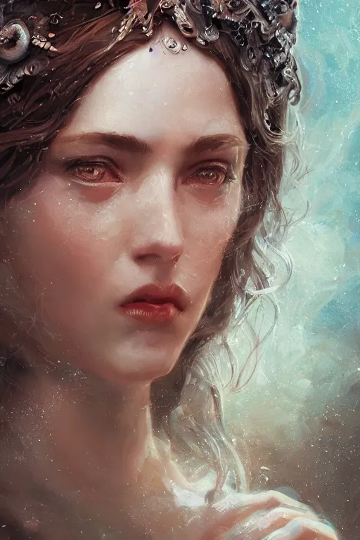 Image similar to greek goddess of ai art, close - up portrait, powerfull, intricate, elegant, volumetric lighting, scenery, digital painting, highly detailed, artstation, sharp focus, illustration, concept art, ruan jia, steve mccurry