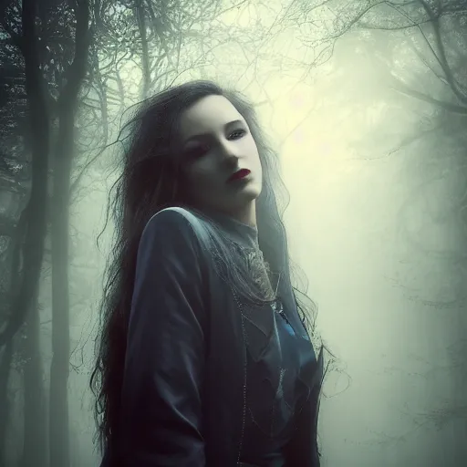 Image similar to riveting charismatic brunnette female vampire, portrait, atmospheric lighting, painted, intricate, highgate cemetery, fog, cold, volumetric lighting, beautiful, blue moon light, sharp focus, deep colours, ultra detailed, by leesha hannigan, ross tran, thierry doizon, kai carpenter, ignacio fernandez rios