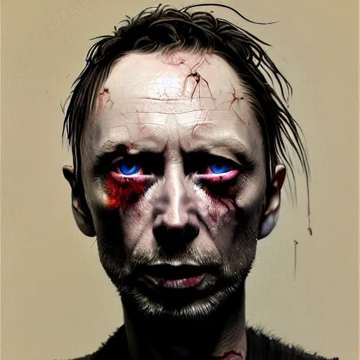 Image similar to thom yorke as a zombie, 7 days to die zombie, fine art, award winning, intricate, elegant, sharp focus, cinematic lighting, digital painting, 8 k concept art, art by z. w. gu, art by brom, art by michael hussar, 8 k