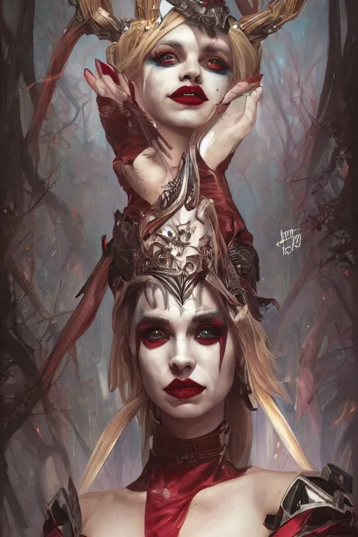 Prompt: portrait of harley quinn as a demon elf queen, forest, godlike, upper body, fantasy, intricate, elegant, highly detailed, digital painting, artstation, concept art, sharp focus, illustration, art by artgerm and greg rutkowski and alphonse mucha