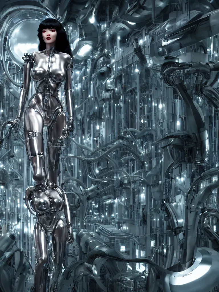 Prompt: cinematic, photography, epic composition, a beautiful betty page cyborg in an assembly line, perfect chromium bionic body, in a futuristic factory with advanced biotechnology, holographic ui data displays, floating power cables, hajime sorayama, h. r. giger, octane rendered, 4 k, lens flare,