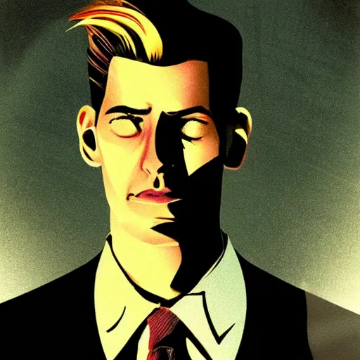 Image similar to dale cooper from twin peaks by dave mckean, hayao miyazaki, dramatic lighting, retro futurism, 5 0 s aesthetic,