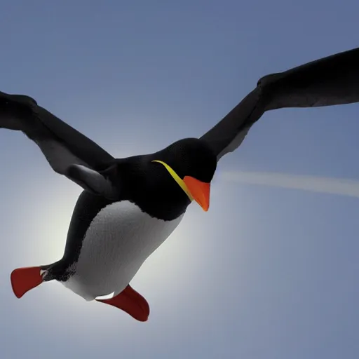 Image similar to a photo of a flying penguin wearing a cape and shooting lasers from its eyes,