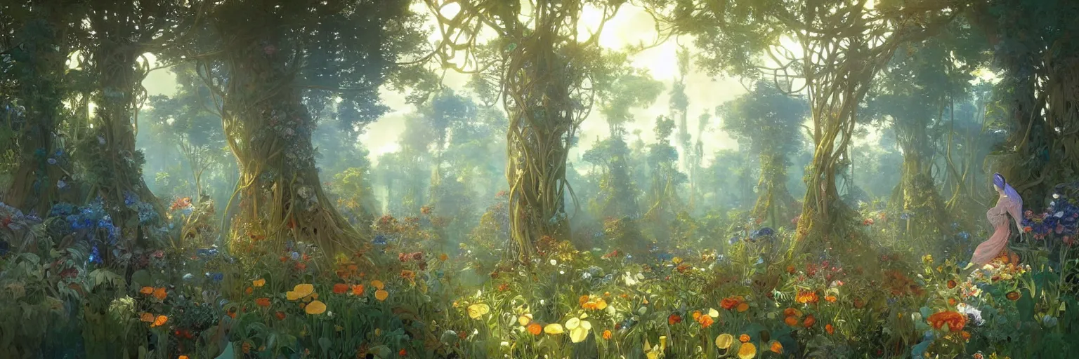 Image similar to A beautiful painting of a utopian garden and forest with supertrees by Alfons Maria Mucha and Julie Dillon and Makoto Shinkai