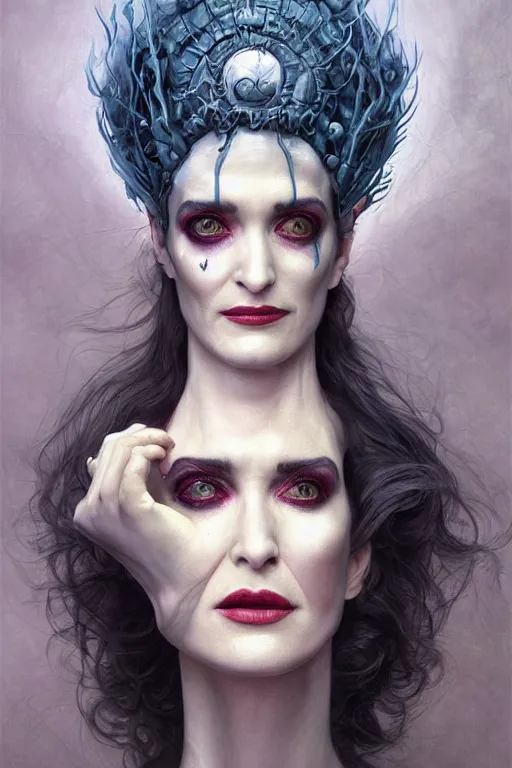 Image similar to closeup portrait shot of winona ryder as delirium of the endless, the sandman, thick fancy makeup, highly detailed, digital painting, artstation, concept art, soft focus, depth of field, artgerm, tomasz alen kopera, peter mohrbacher, donato giancola, joseph christian leyendecker, wlop, boris vallejo