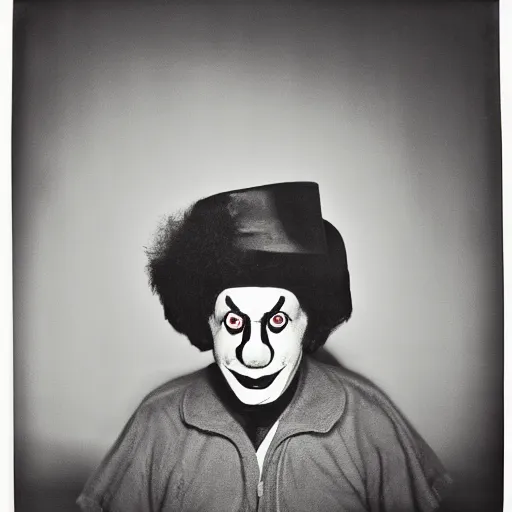 Image similar to portrait of clown by diane arbus, black and white photography