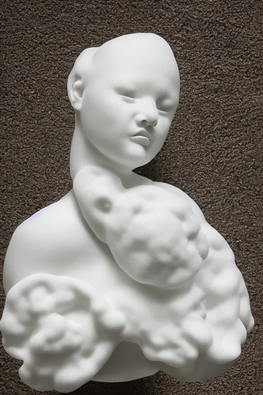 Image similar to full head and shoulders, female porcelain sculpture by daniel arsham and raoul marks, smooth, all white features on a white background, detailed white 3 d giant poppies on the head