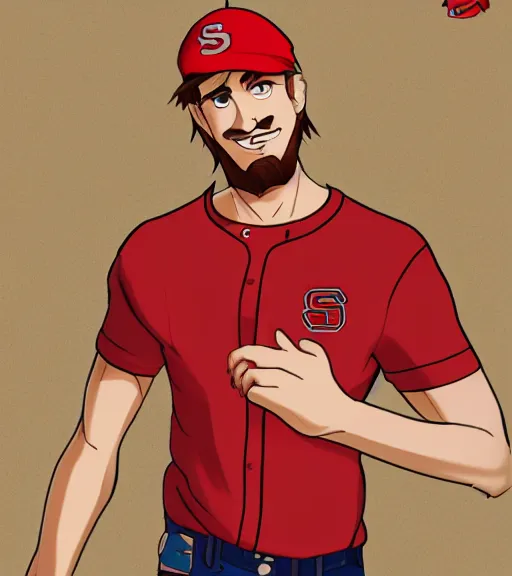 Image similar to tall white guy with a short blonde beard wearing an nc state red baseball cap and red shirt full color digital illustration in the style of don bluth, artgerm, artstation trending, 4 k