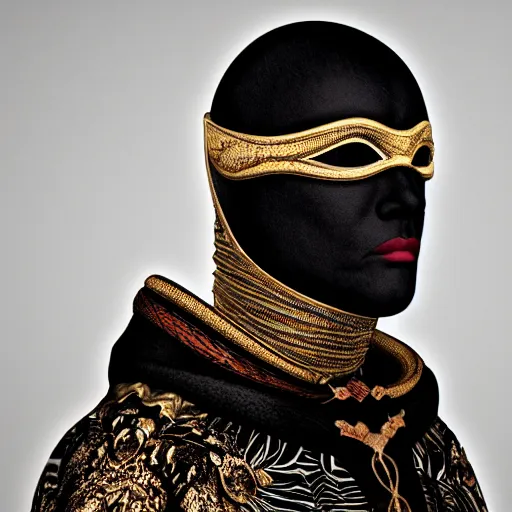 Image similar to portrait of masked dune dynasty with gucci clothes, white background, 8 k, symmetrical, 3 d render, octane render, insane details