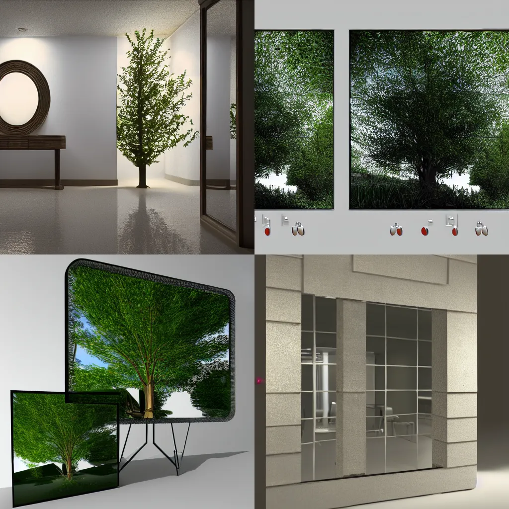 Prompt: A ray tracing render of a tree between two mirrors with reflections, highly realistic, render, cgi, blender