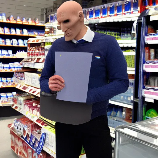 Prompt: voldemort working at a tesco express, photorealistic, 4 k