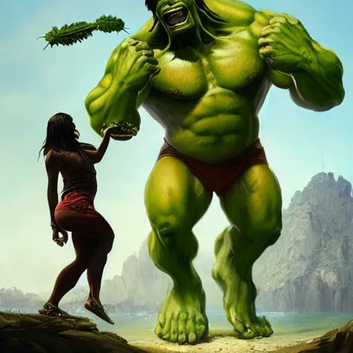 Prompt: snoop dog as big as hulk fights giant ganja plant, cinematic lighting, highly detailed, concept art, art by wlop and artgerm and greg rutkowski, masterpiece, trending on artstation, 8 k