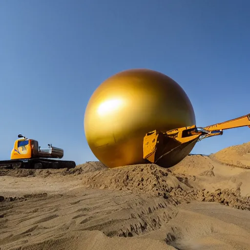 Image similar to in the center of a large sand quarry in the sand lies a large golden ball, a broken excavator is standing nearby, an anomalous air funnel is nearby, book illustration stylization, high quality, depth of sharpness, focus on the object