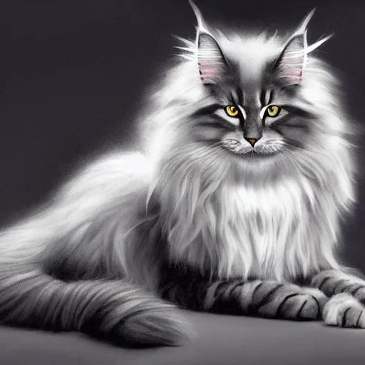 Image similar to a big old menacing dark grey maine coon cat with white belly, white paws and white face markings with long fur and fluffy tail, sitting, intricate, elegant, highly detailed, digital painting, artstation, concept art, matte, sharp focus, illustration, art by Artgerm and Greg Rutkowski and Alphonse Mucha