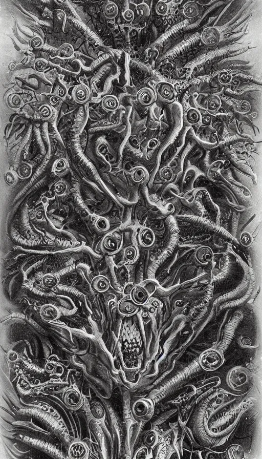 Prompt: a storm vortex made of many demonic eyes and teeth, by ernst haeckel