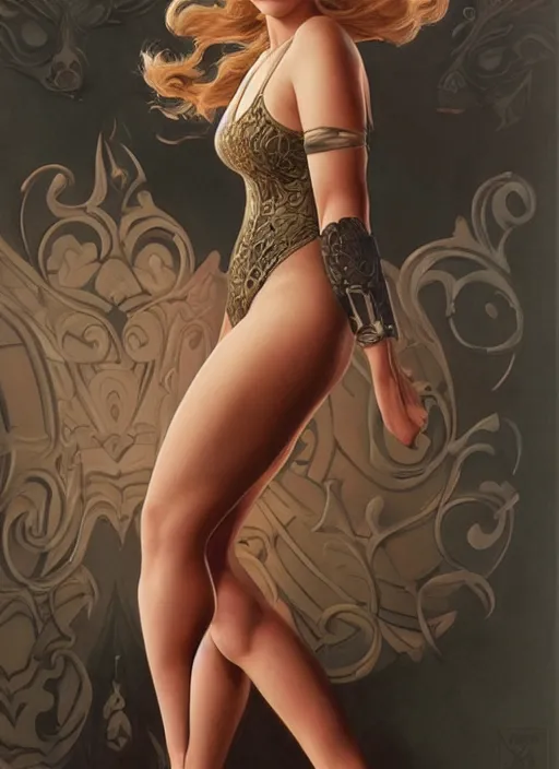 Prompt: full length photo of scarlett johansson the cover of sports illustrated 1 9 6 5, intricate, elegant, highly detailed, digital painting, artstation, concept art, matte, sharp focus, illustration, hearthstone, art by artgerm and greg rutkowski and alphonse mucha