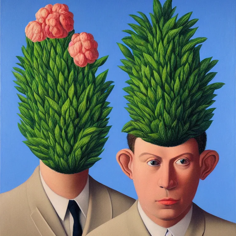 Image similar to portrait of a flower - head man by rene magritte, detailed painting, distance, centered, hd, hq, high resolution, high detail, 4 k, 8 k