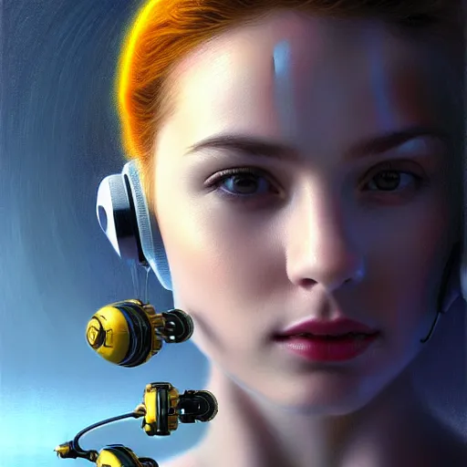 Prompt: portrait of the beautiful young robotic pilot of jets, surreal, fantasy, intricate, mechanical, elegant, dramatic lighting, emotionally evoking symbolic metaphor, highly detailed, gears, lifelike, photorealistic, digital painting, painterly, artstation, concept art, smooth, head in focus, sharp focus, background aerial battle, illustration, art by John Collier and Krenz Cushart and Artem Demura and Alphonse Mucha and Albert Aublet,