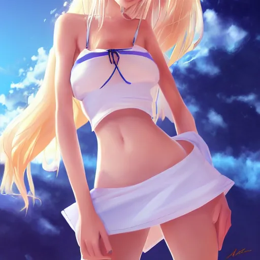 Prompt: tiny father a tall daughter picture : a very beautiful young blond anime girl, bright face, sky blue eyes, bikini, white miniskirt, highly detailed, cinematic wallpaper by stanley artgerm lau