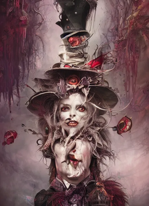 Prompt: Mad Hatter and Queen of Hearts,highly detailed,cinematic,8k,by Stanley Artgermm,Tom Bagshaw,Greg Rutkowski,Carne Griffiths, Ayami Kojima, Beksinski, Giger,Anne Stokes, Benjamin Lacombe,trending on DeviantArt,hyper detailed,horror, full of colour