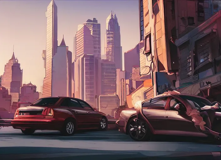 Image similar to a sedan car in a city. sharp focus, cinematic pose, cinematic lighting, unreal engine render. art by josan gonzales and moebius and deathburger.