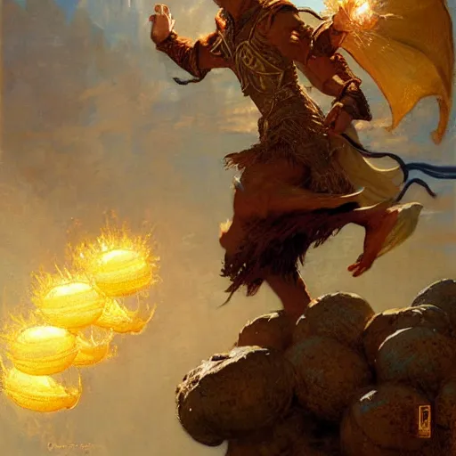 Prompt: stunning male master wizard throwing dragon eggs, highly detailed painting by gaston bussiere, craig mullins, j. c. leyendecker, 8 k