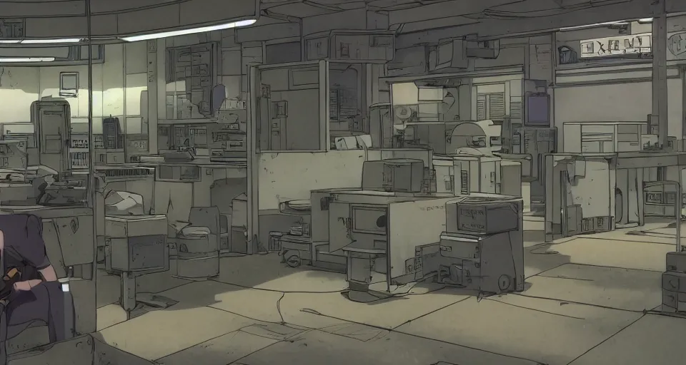 Image similar to Scene within the location called 'Public security section 9'. interior environment bg. Screenshot from an episode of the anime 'Ghost in the shell: Stand Alone Complex' (2003). Produced by 'Production I.G'. Original manga by Masamune Shirow. Art direction by Kazuki Higashiji and Yuusuke Takeda.