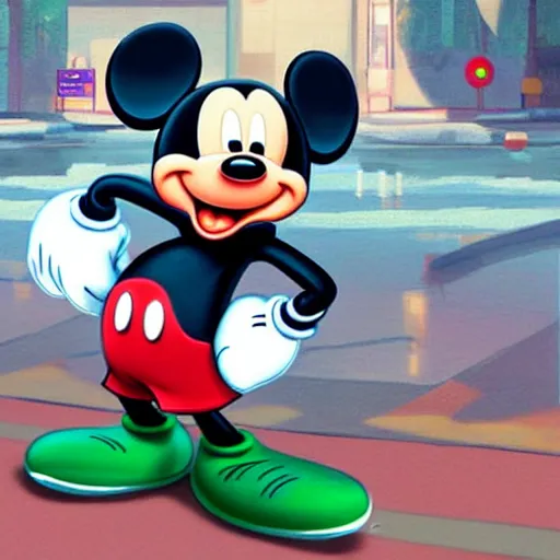 Image similar to Mickey Mouse as a character in the game GTA VI, with a background based on the game League of Legends, detailed face, PAINTING BY android jones