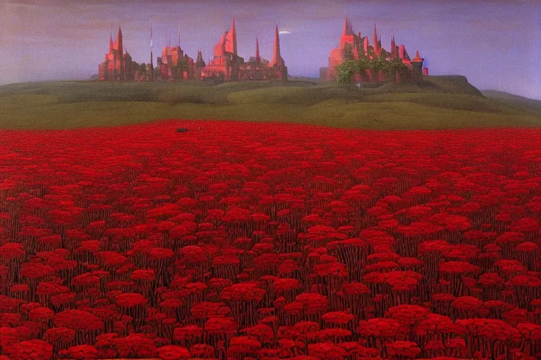 Image similar to only with red, red flowers of different types, a castle in the background, red orcs and trolls dance over the flowers, in the style of beksinski, part by hopper, part by rodcenko, part by hofbauer, intricate composition, red by caravaggio, insanely quality, highly detailed, masterpiece, red light, artstation, 8 k