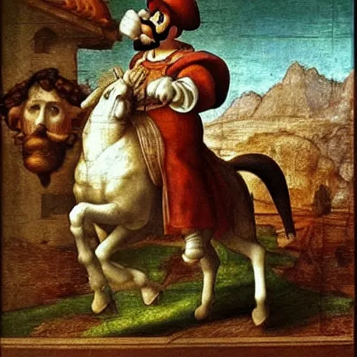 Prompt: luigi from super mario riding an osterich in a church, painting by leonardo da vinci, hyperrealistic
