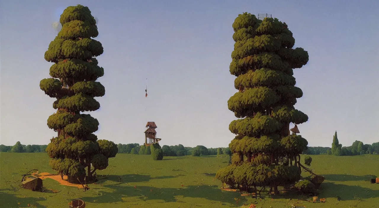 Image similar to single flooded simple wooden round tree tower!, very coherent and colorful high contrast!! masterpiece by rene magritte simon stalenhag carl spitzweg syd mead norman rockwell edward hopper james gilleard, minimalist, dark shadows, sunny day, hard lighting