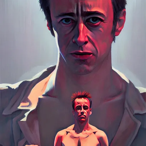 Prompt: Fight club portrait, very coherent, painted by Edward Hopper, Wayne Barlowe, painted by James Gilleard, airbrush, art by JamesJean