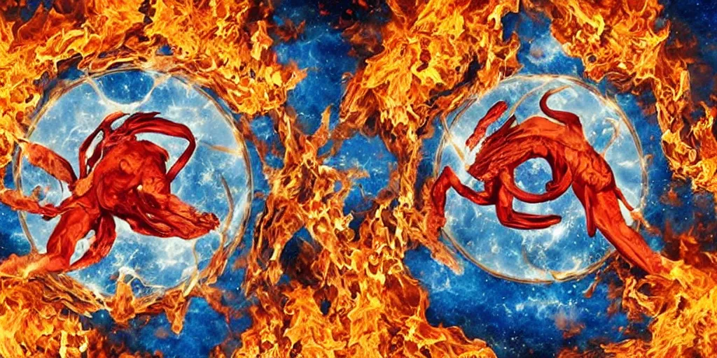 Prompt: cancer star sign being born from fire and ice