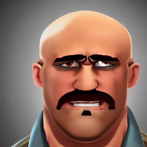 Prompt: Portrait photo of a bald and rougly shaven man named Heavy Weapons Guy from Team Fortress 2, 4k, award winning photo
