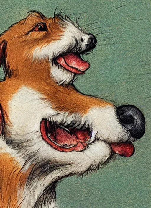 Image similar to closeup candid portrait of a jack russel terrier howling up, illustrated by peggy fortnum and beatrix potter and sir john tenniel