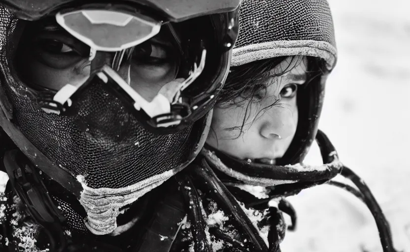 Image similar to cinestill 5 0 d candid photographic portrait by helen levitt of a mixed teen wearing rugged black mesh techwear riding on a dirtbike through an airport under siege, extreme closeup, modern cyberpunk moody emotional cinematic, snow storm, 8 k, hd, high resolution, 3 5 mm, f / 3 2, ultra realistic faces, ex machina