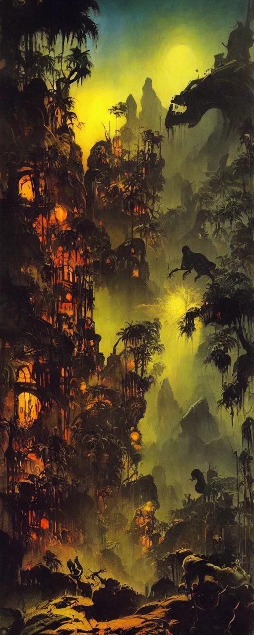 Prompt: frazetta painting of mystic cinematic jungle , nighttime ,daytime , backlight , detailed visible brushmarks