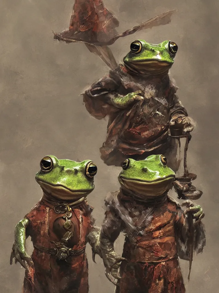 Image similar to Portrait of a medieval humanoid frog dressed like a wizard and carrying magic trinkets, painted by Craig Mullins, trending on ArtStation