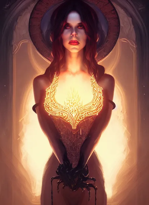 Image similar to portrait of a satanic witch, intricate, elegant, glowing lights, highly detailed, digital painting, artstation, glamor pose, concept art, smooth, sharp focus, illustration, art by artgerm and greg rutkowski, artey freytag