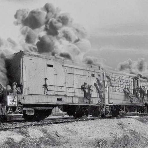 Image similar to human clones loaded onto a boxcar, biomechanical railroad, highly detailed, War Photography, Pushead art, by H.R. Giger