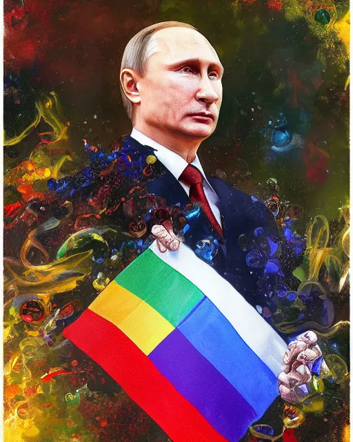 Image similar to a highly detailed portrait of Vladimir Putin holding a gay pride flag, intricate, digital painting, old english, particles floating, whimsical background by marc simonetti, John Singer Sargent style