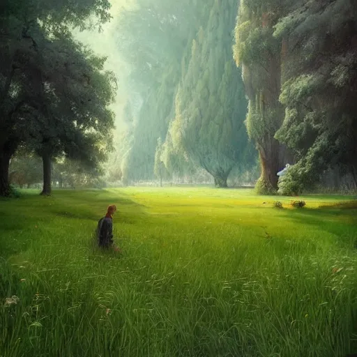 Prompt: beatifull grass field with giant trees and flying mystical creatures,james gurney,Trending on artstation